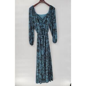 Ava & Viv Swirl Maxi Dress Womens 1X Blue Mesh Ruched Long Balloon Sleeve